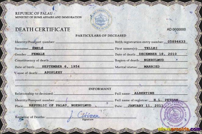 Palau death certificate